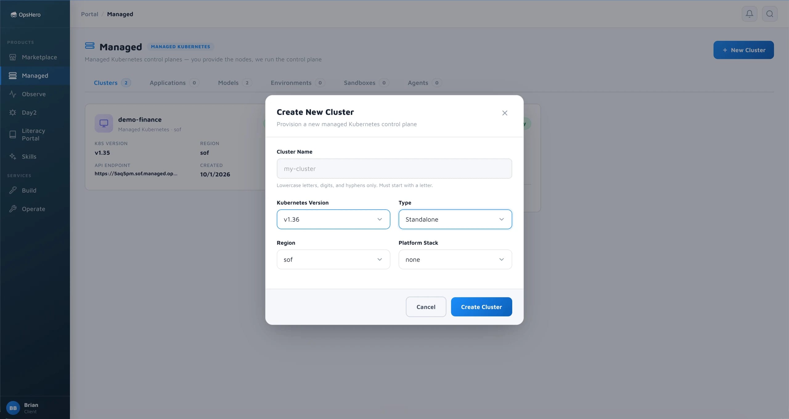 The Create New Cluster dialog in the full managed Kubernetes dashboard, with cluster name, Kubernetes version, type, region and platform stack fields.