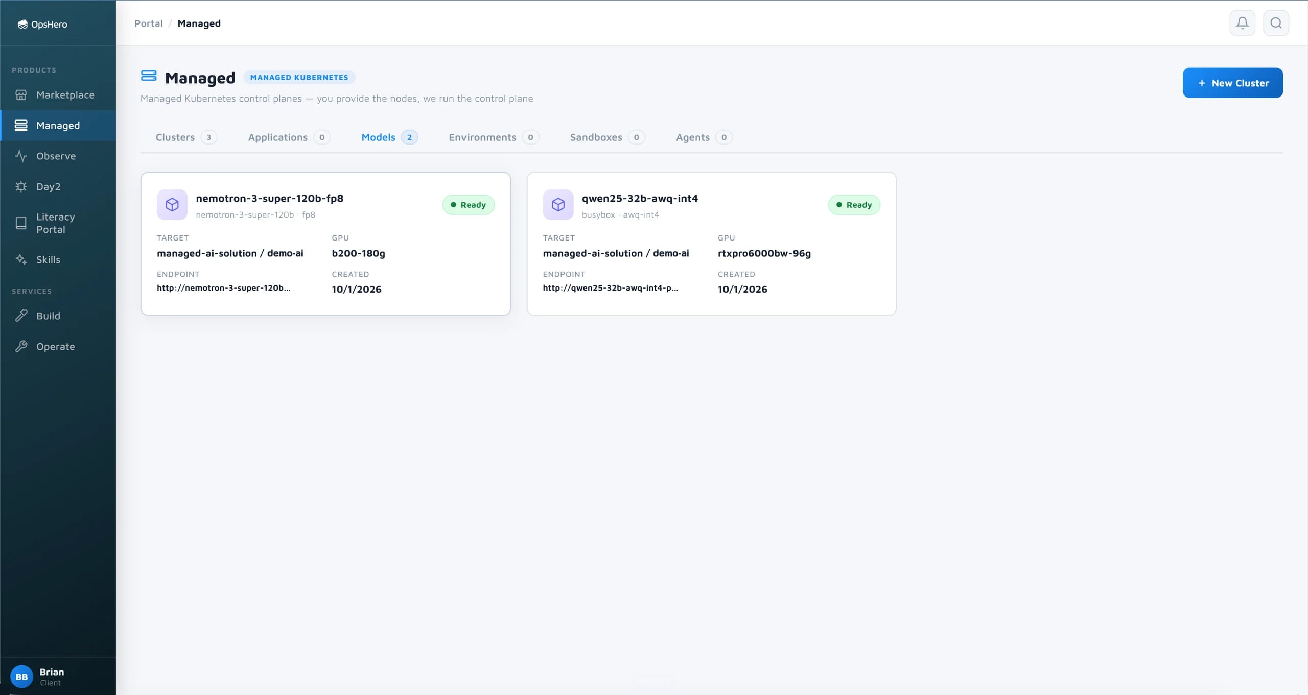 The Managed view on its Models tab: two open-weight models deployed through the managed AI solution, each on its own GPU class, both Ready, each with its endpoint.